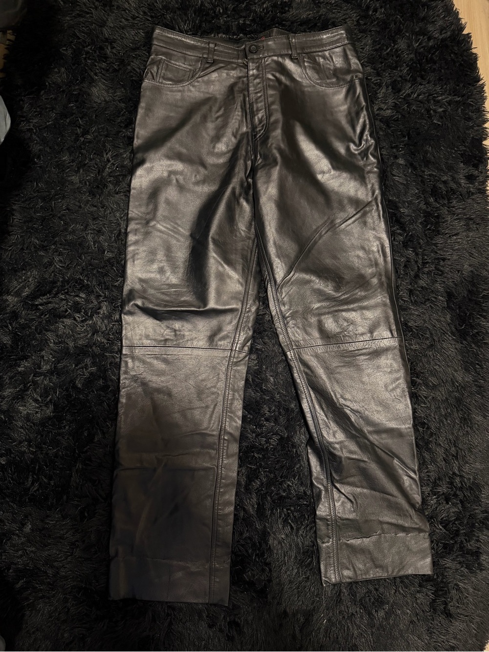 Oscar de la Renta Black Leather Pants with Red Logo Accent
